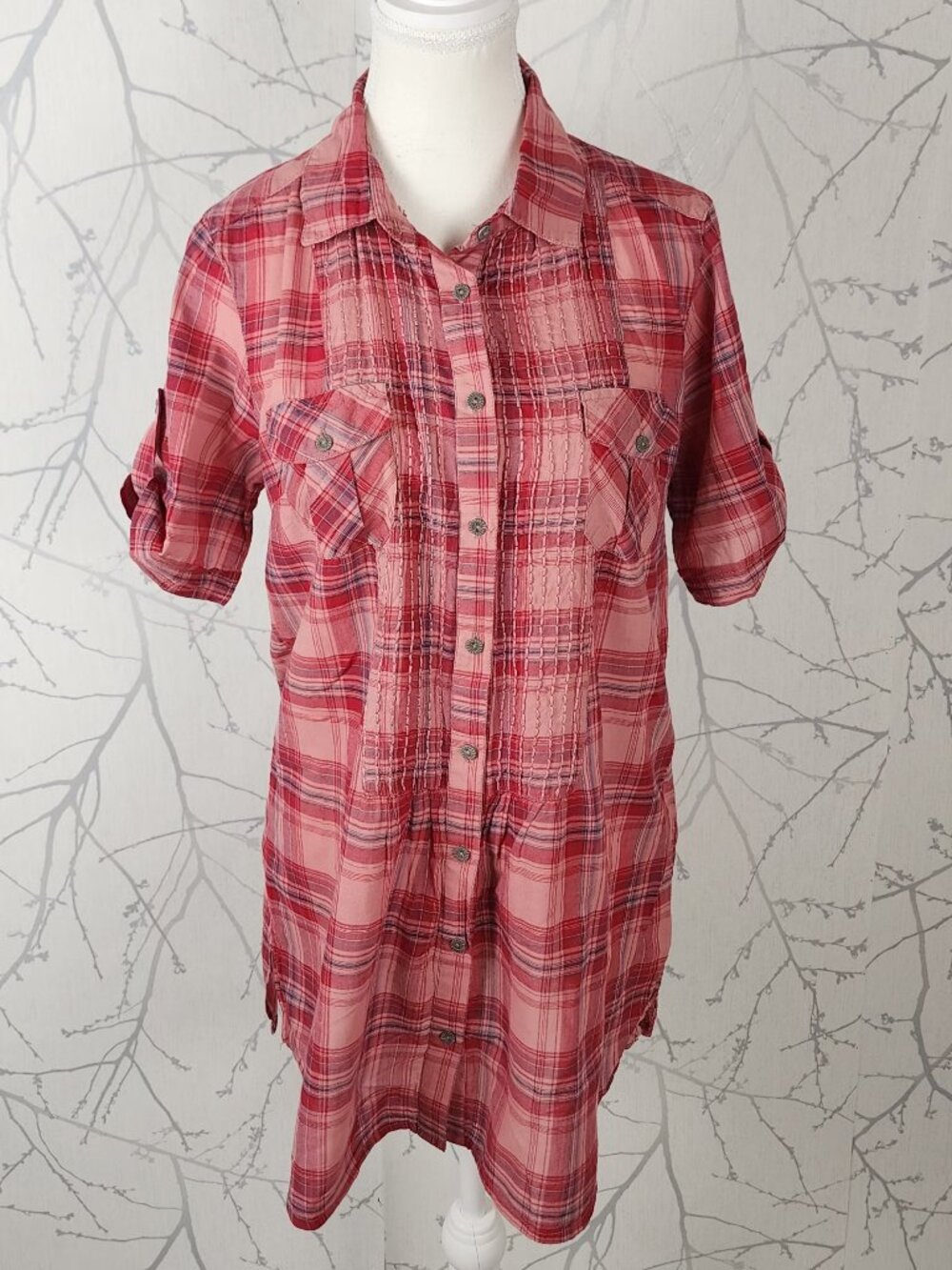 Next Pink Plaid Checks Cotton Embroidered Pintuck Tunic Shirt
